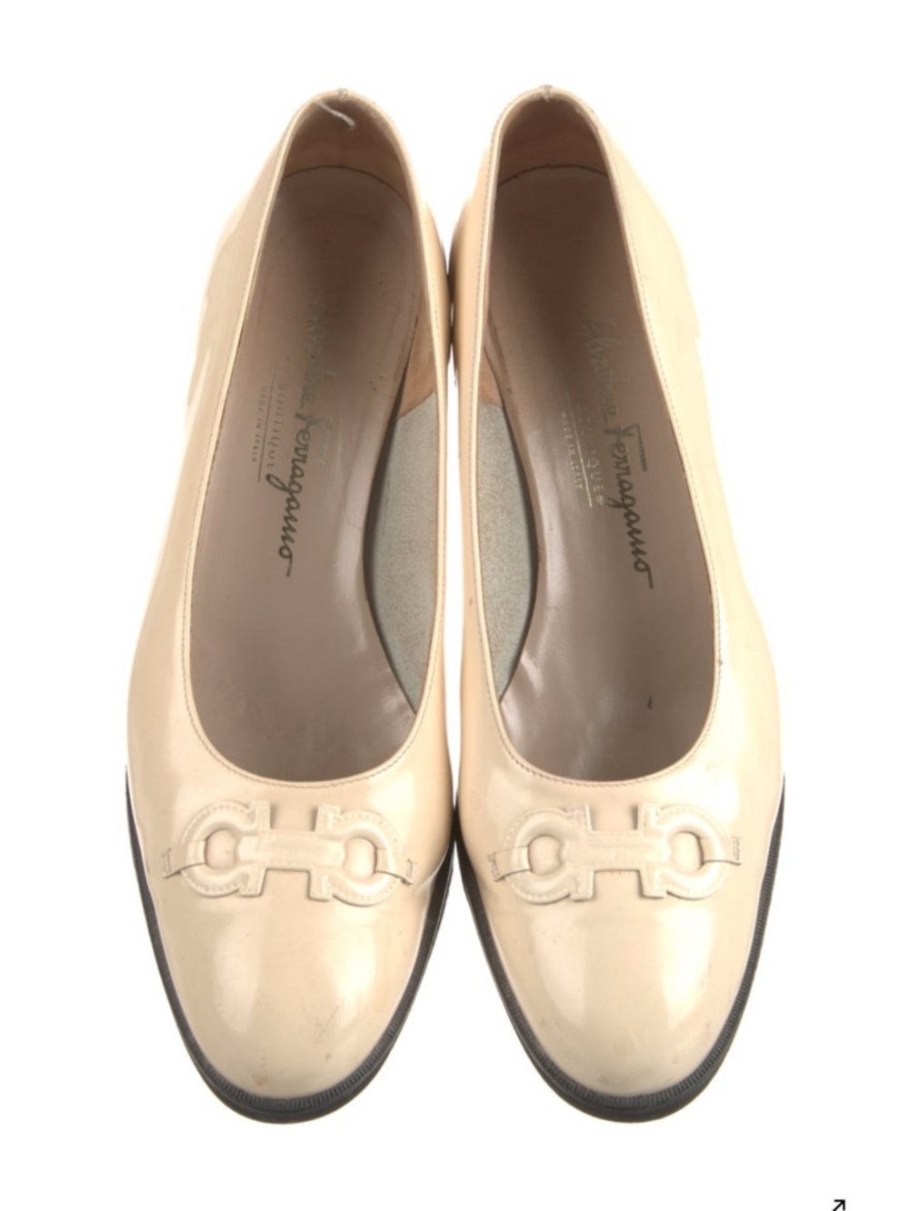 Salvatore Ferragamo Cream Patent Leather Low Block Heel Loafer